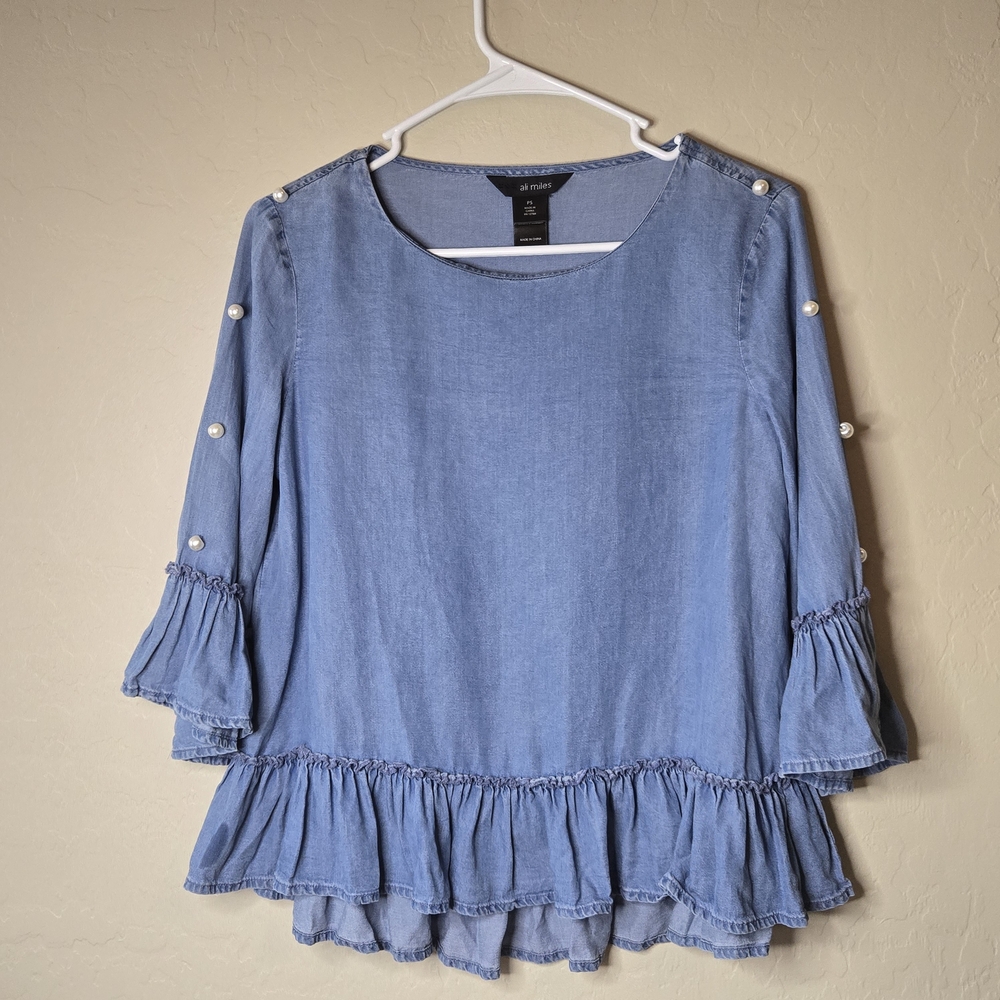Ali Miles Chambray Denim Look Pearl Sleeve Ruffle Peplum Top PS Coastal
